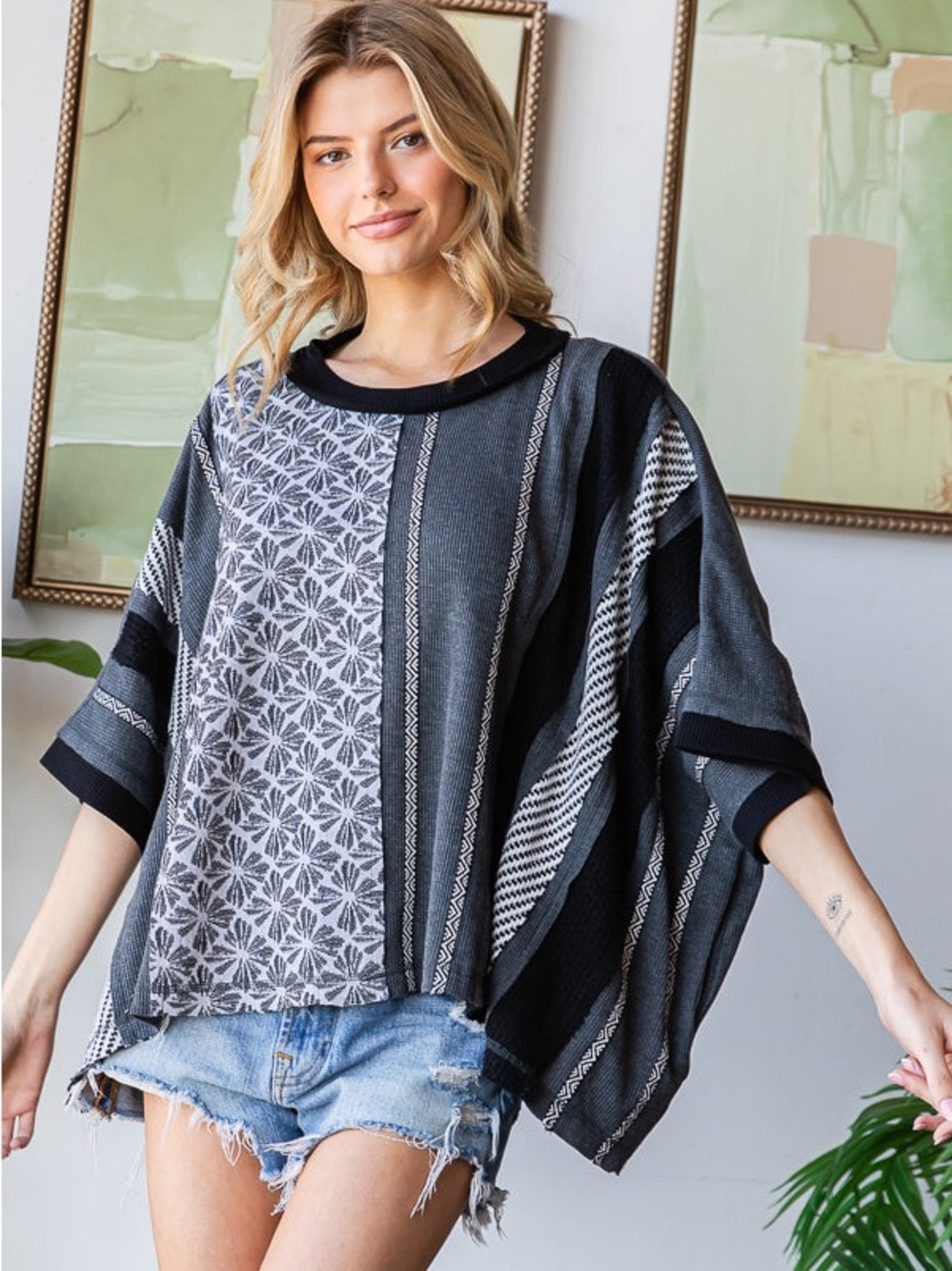 Oli & Hali Mineral Wash Vertical Printed Top in Black, Gray & White-NWOT-Sz M